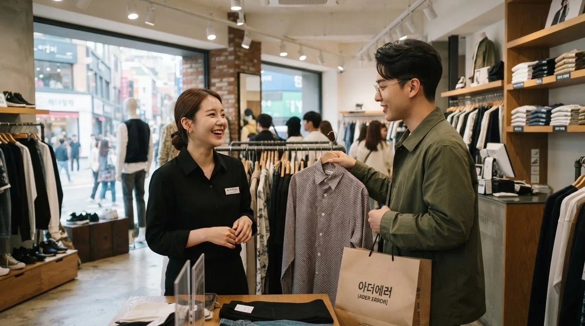 韓国のブティックで笑顔で店員とコミュニケーションをとる客の様子