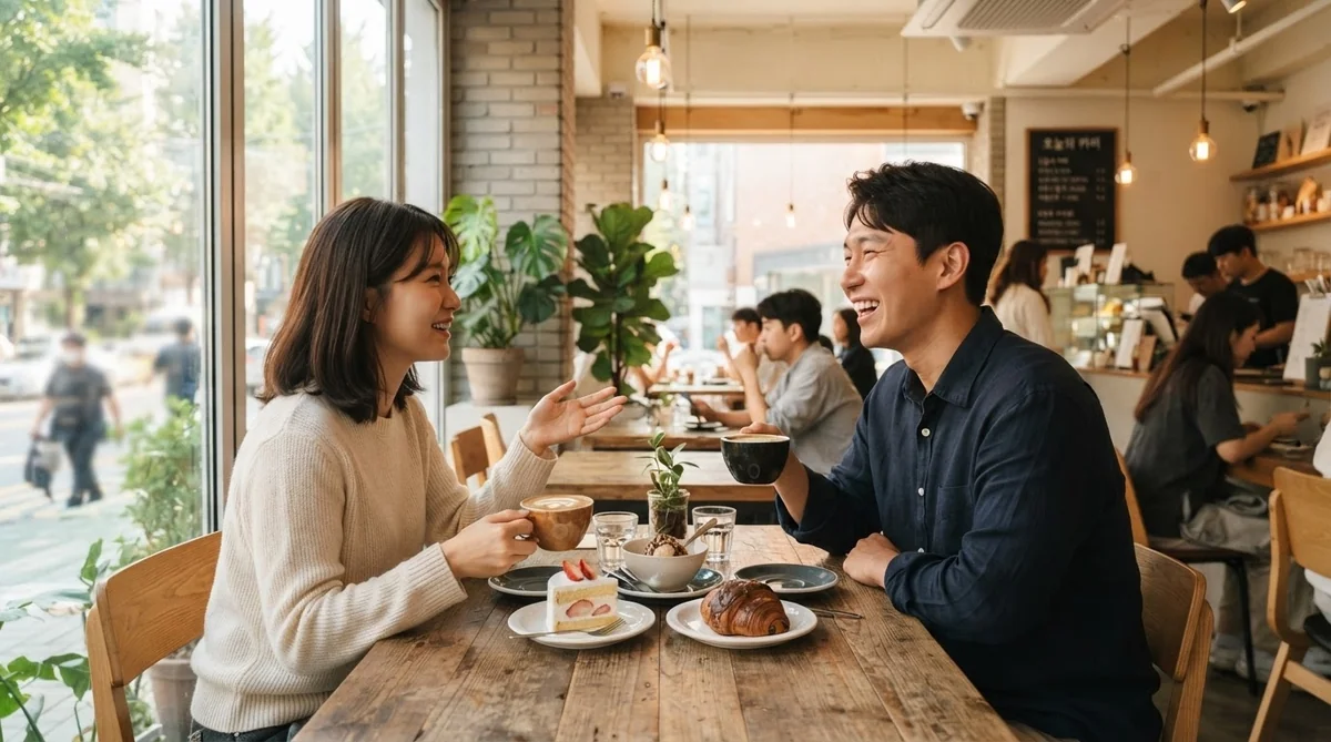 韓国のモダンなカフェで会話を楽しむ若者たちの様子