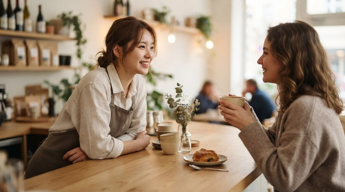 韓国の明るいカフェで自然に対話を繰り広げる日常シーン