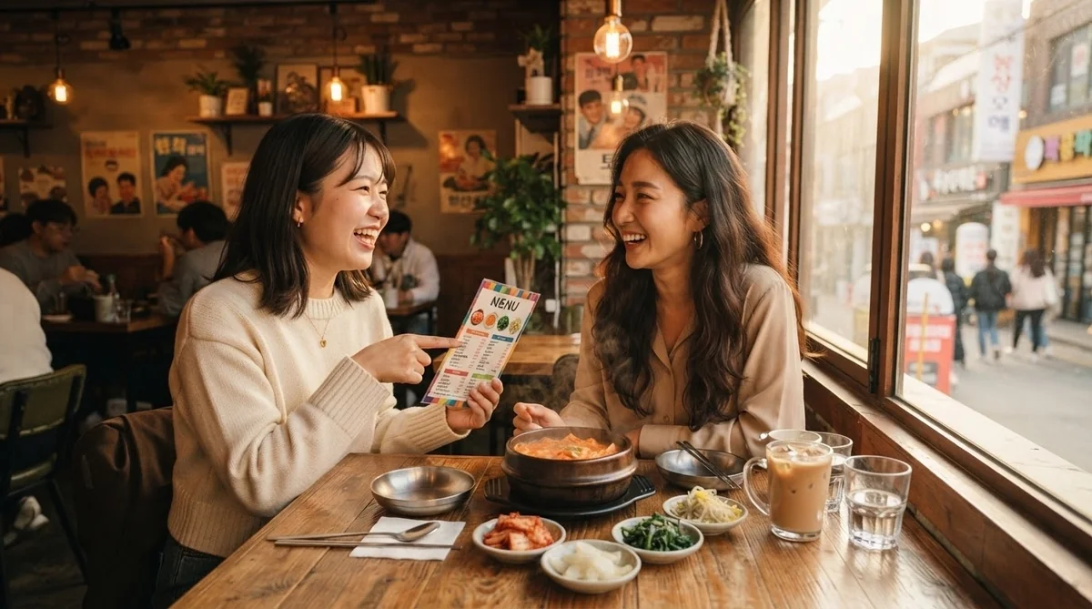 韓国のスタイリッシュなカフェで料理を前に楽しそうに会話する友人たち