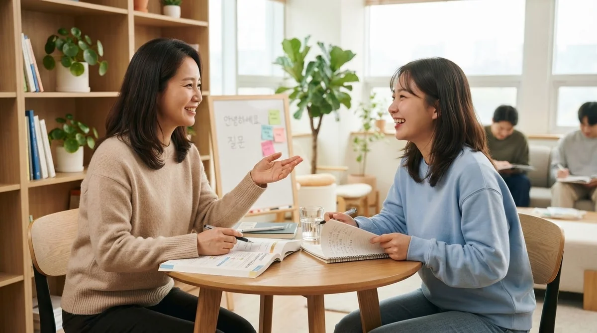 会話の練習をしている講師と学習者
