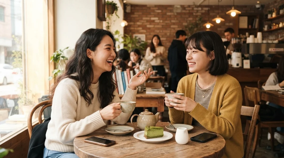 カフェで楽しく会話をする2人の女性