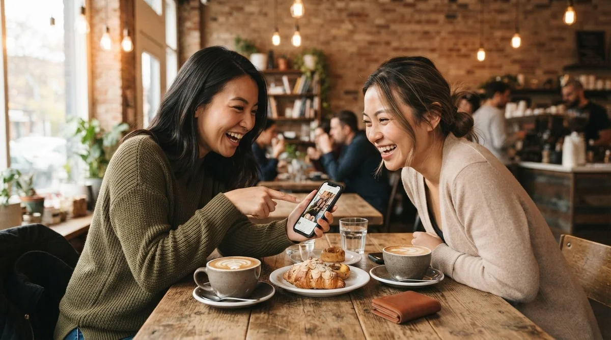 カフェでスマートフォンの画面を見ながら楽しそうに会話する友人同士