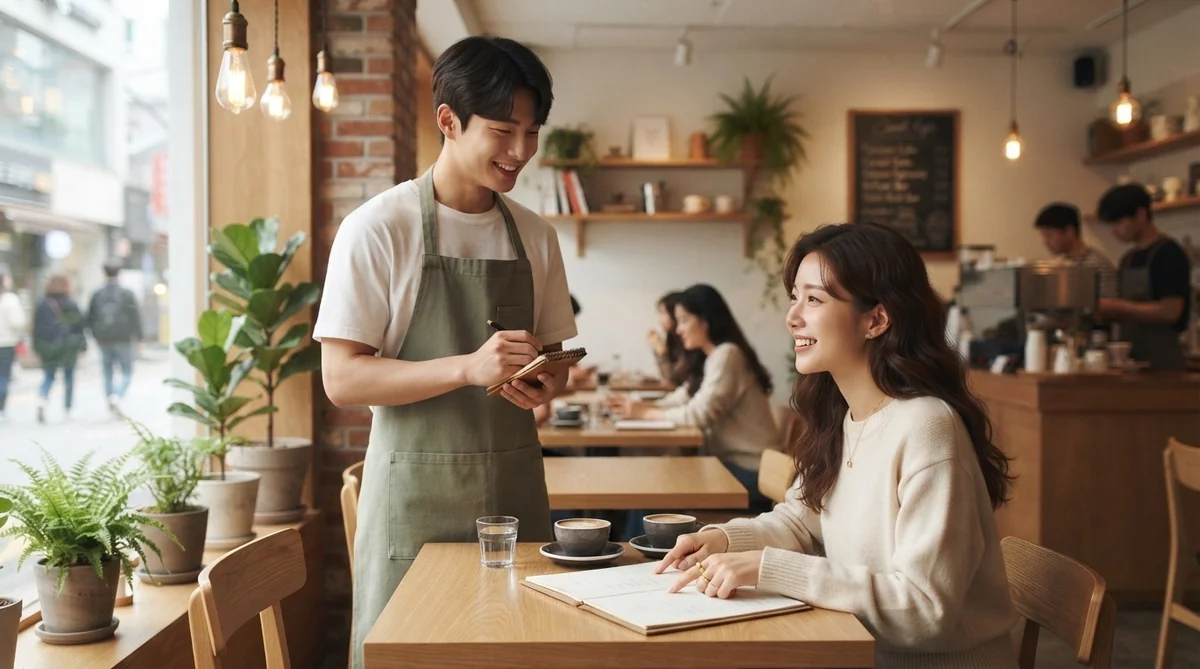 韓国のカフェで店員と笑顔で会話をする客の様子