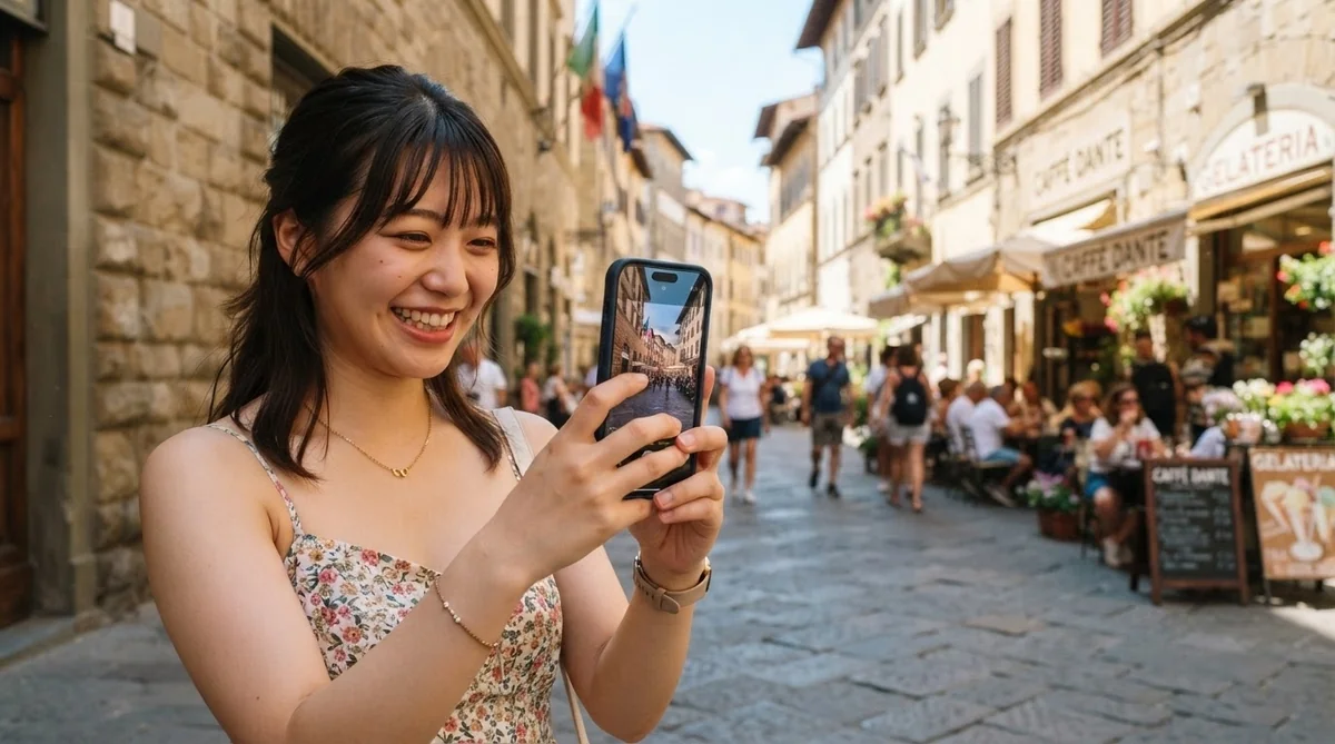 街中でスマートフォンのカメラを使って美しい景色の写真を撮る女性の様子