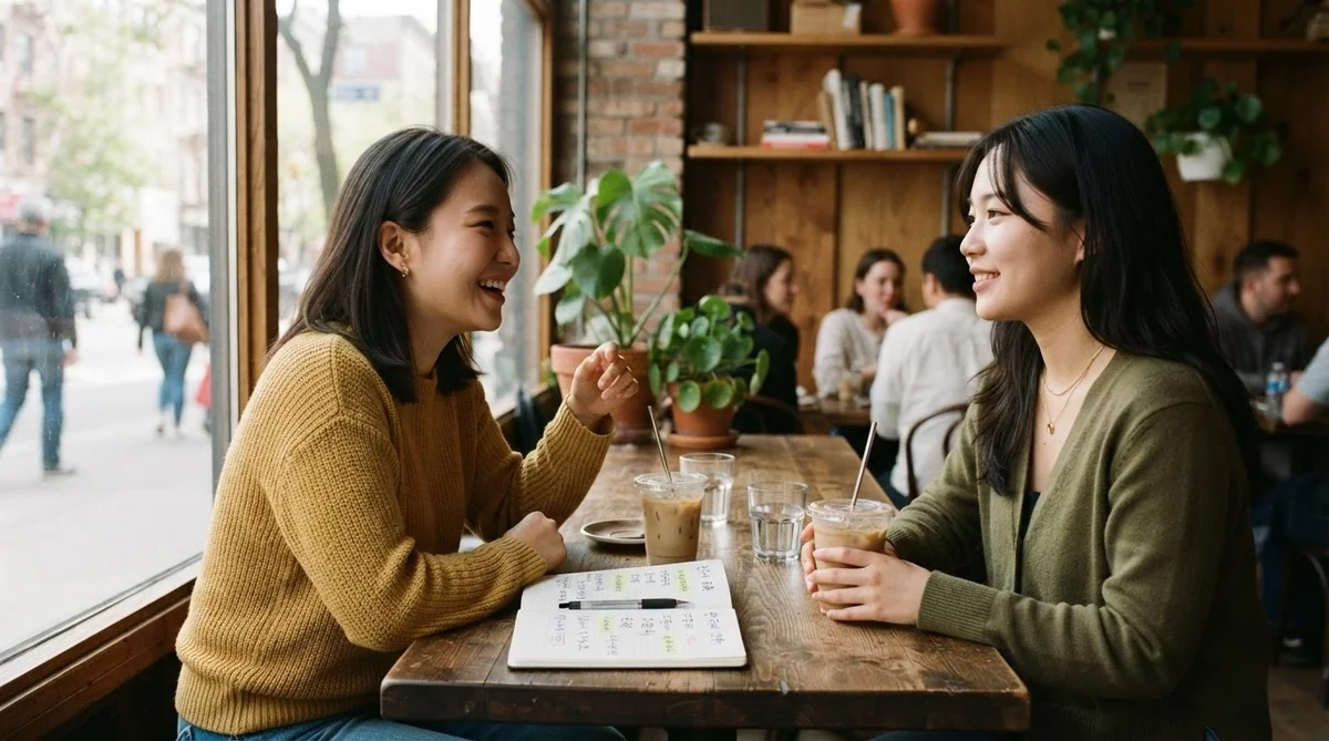 カフェで日常会話を楽しむ学習者たち