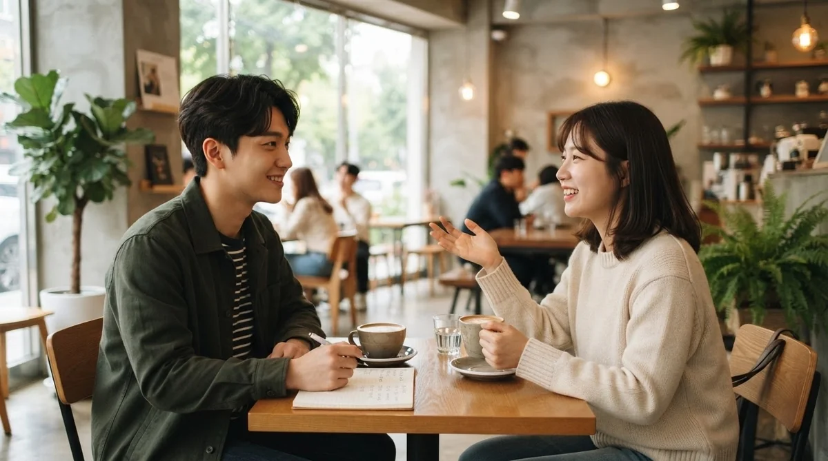 韓国語ネイティブと会話練習をする学習者の会話シーン