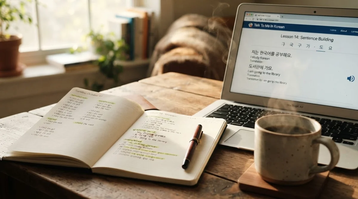 ノートパソコンとノートが置かれたカフェの勉強風景