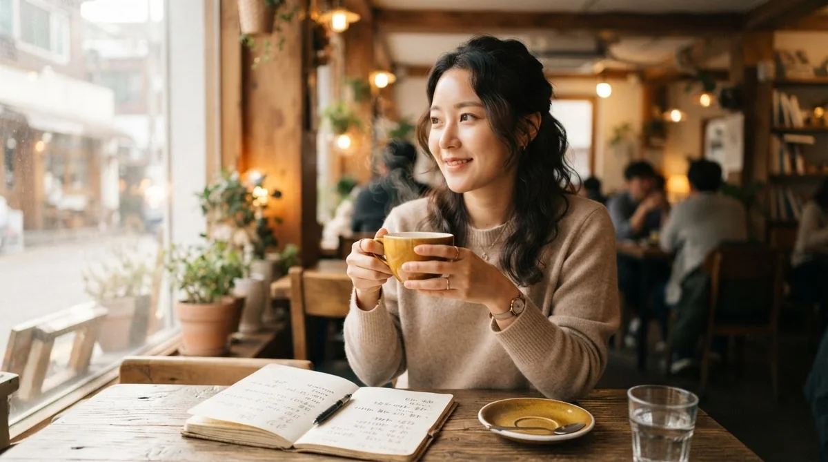 温かいマグカップを手に持ってカフェで韓国語フレーズを勉強しながらリラックスしている様子