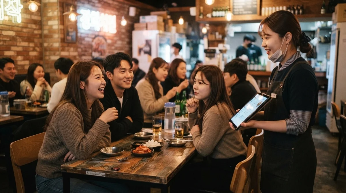 韓国のチキン店内で店員と笑顔でやり取りをしながら注文する若いグループ