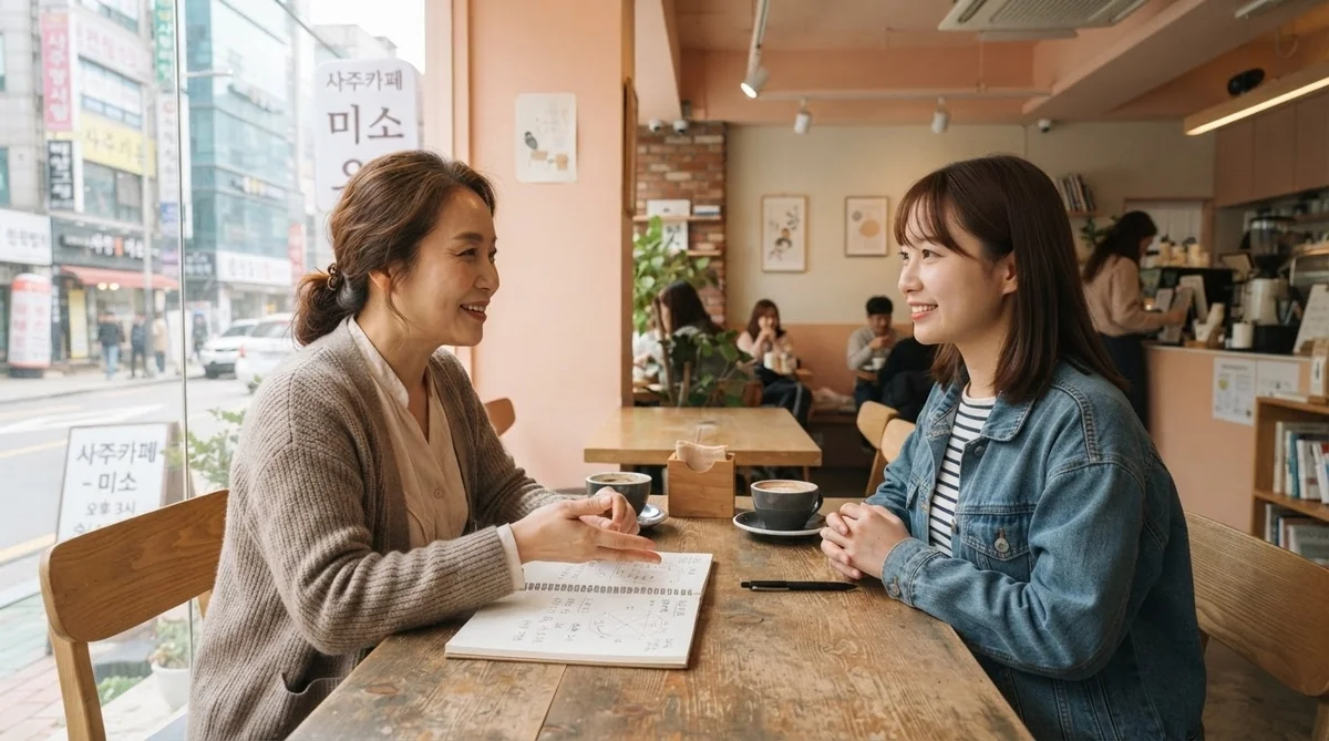 韓国のモダンな占いカフェで占い師と対話している様子