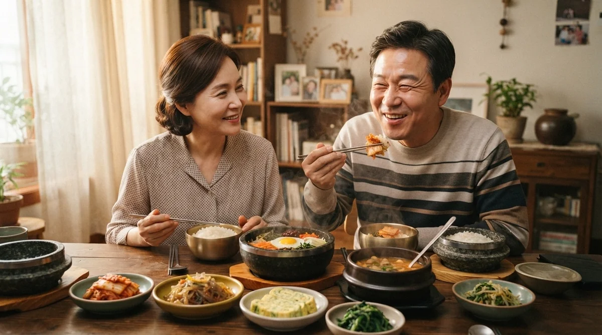 自宅のダイニングで手作りの料理を笑顔で食べる夫婦の食卓風景