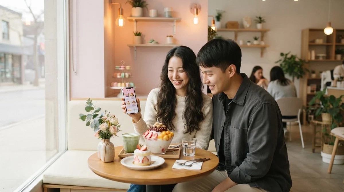 韓国風のおしゃれなカフェで落ち着いた雰囲気で時間を共有するカップル