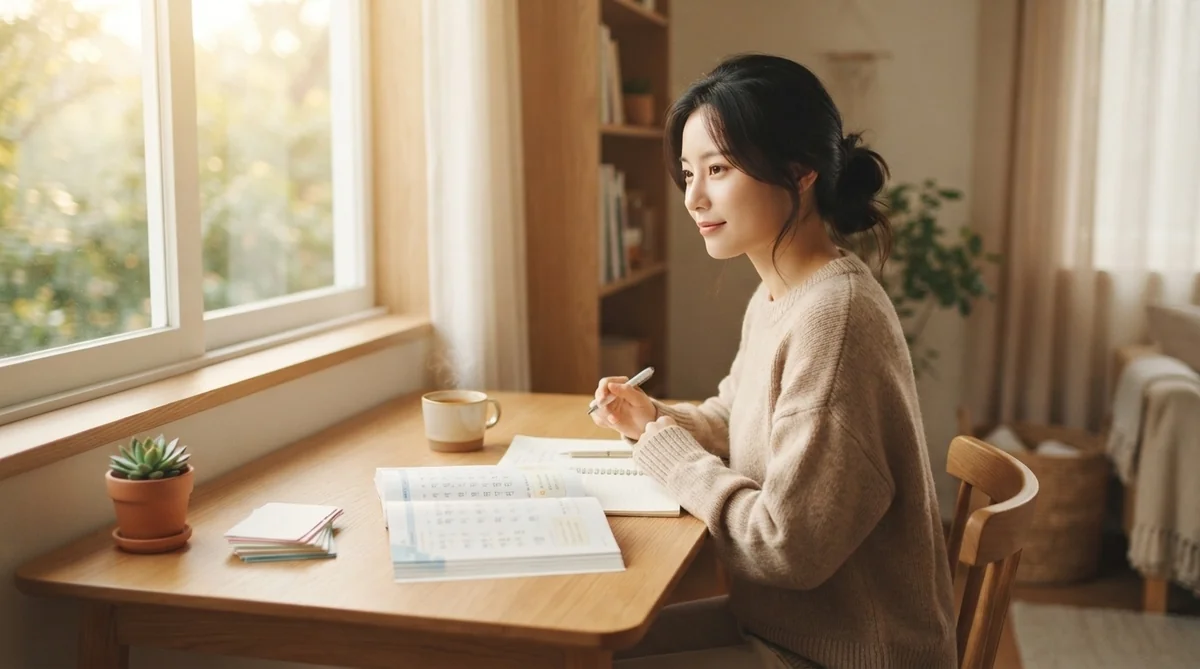 計画的に整理された学習手帳と韓国語ノートが綺麗に配置されたデスク
