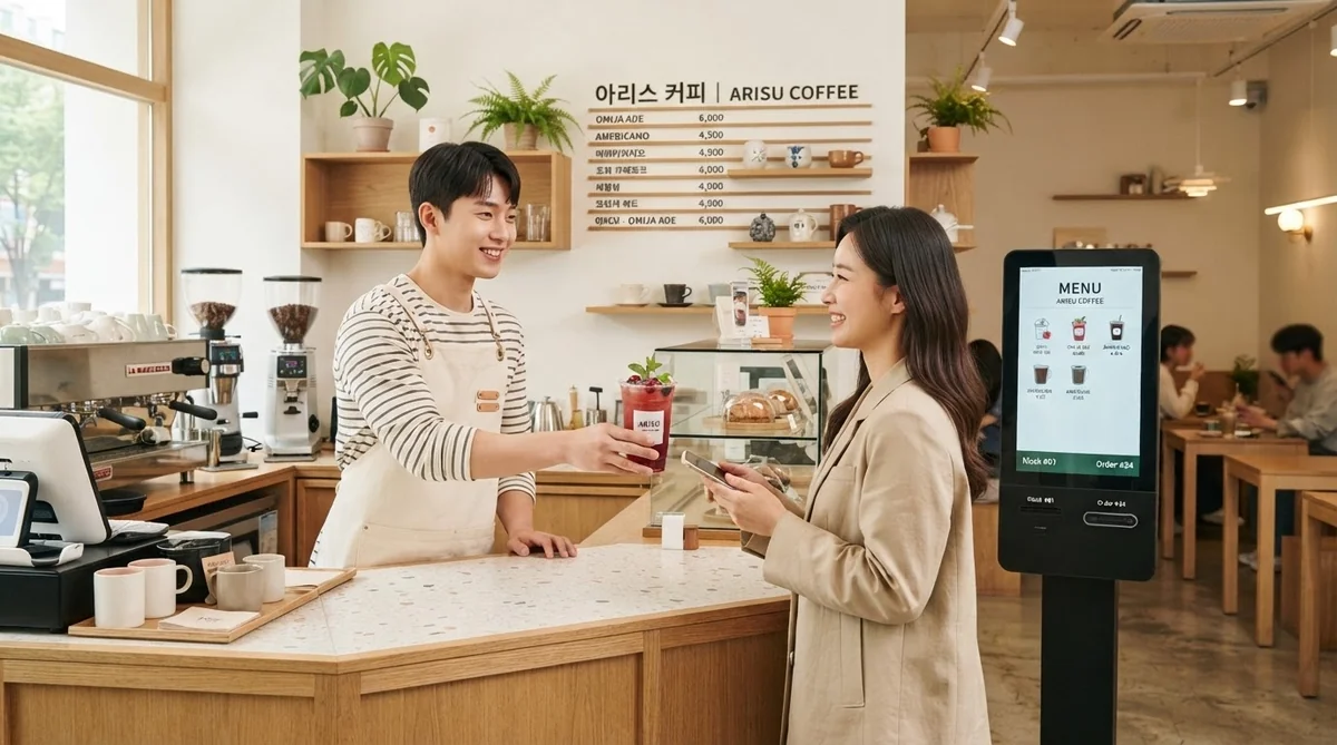 現代的な韓国カフェのカウンターでの注文風景