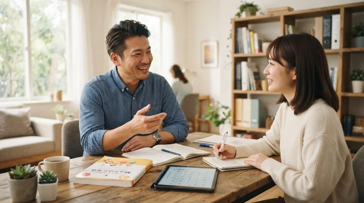 講師との韓国語対話レッスンで自然な口語表現と発音を確認している学習場面