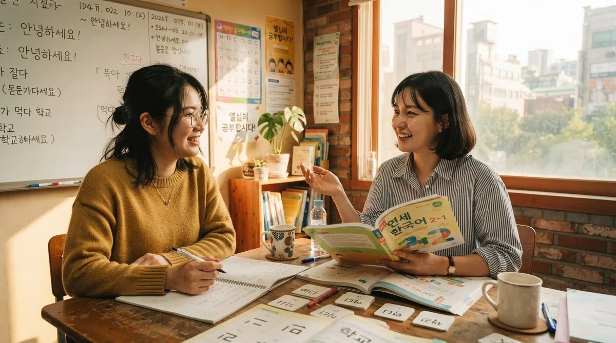 講師と受講生が対面で和やかに韓国語のレッスンを進めている風景