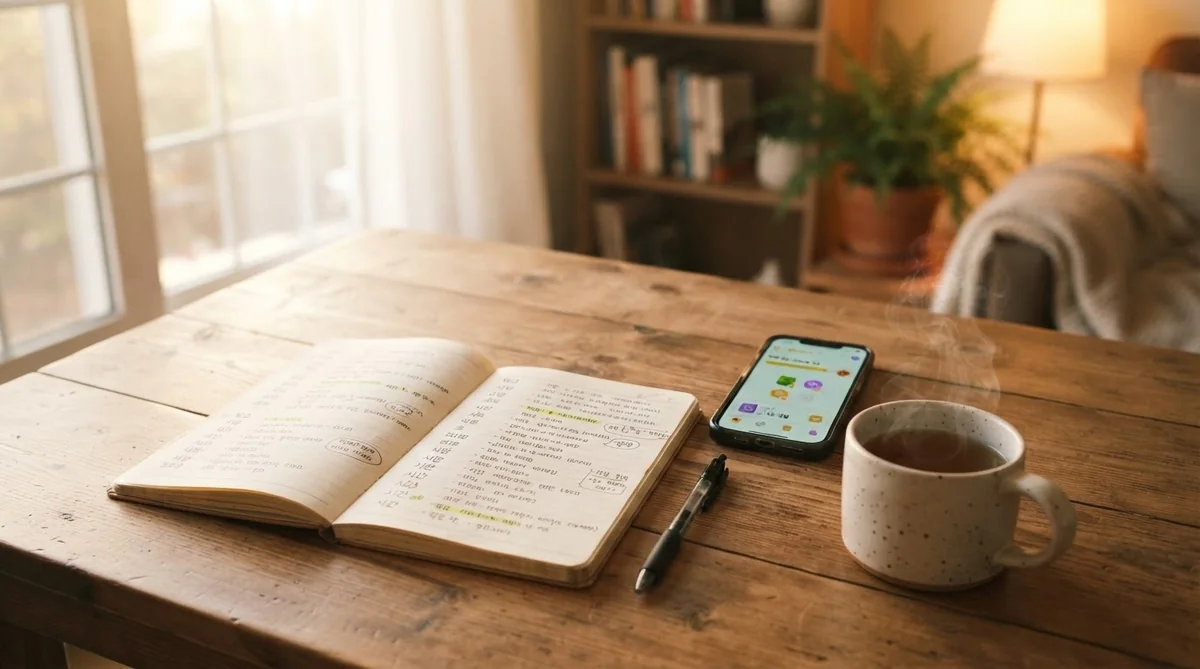ノートやスマホアプリを活用して落ち着いた環境で語学学習を継続するイメージ