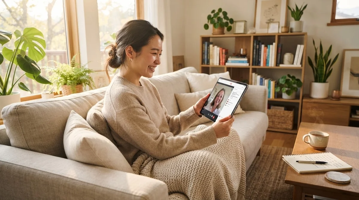 自宅でリラックスしながらオンライン語学レッスンを受ける受講生