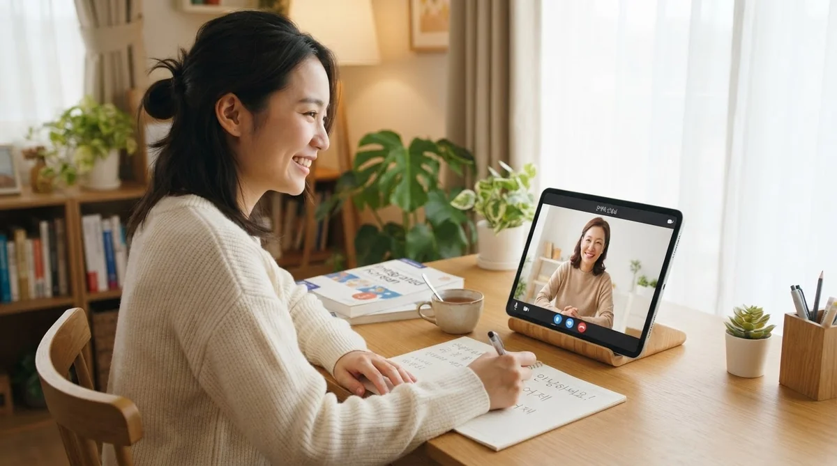 タブレット越しに韓国語レッスンを受ける学習者