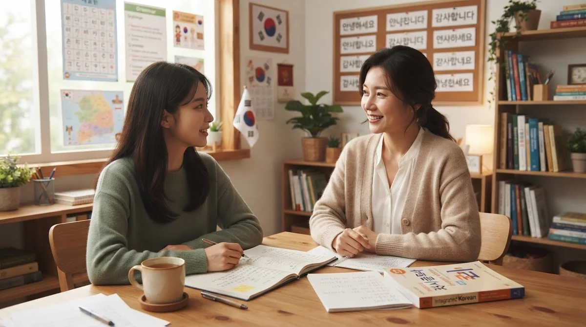 韓国語講師とマンツーマンで実践会話の指導を受ける様子