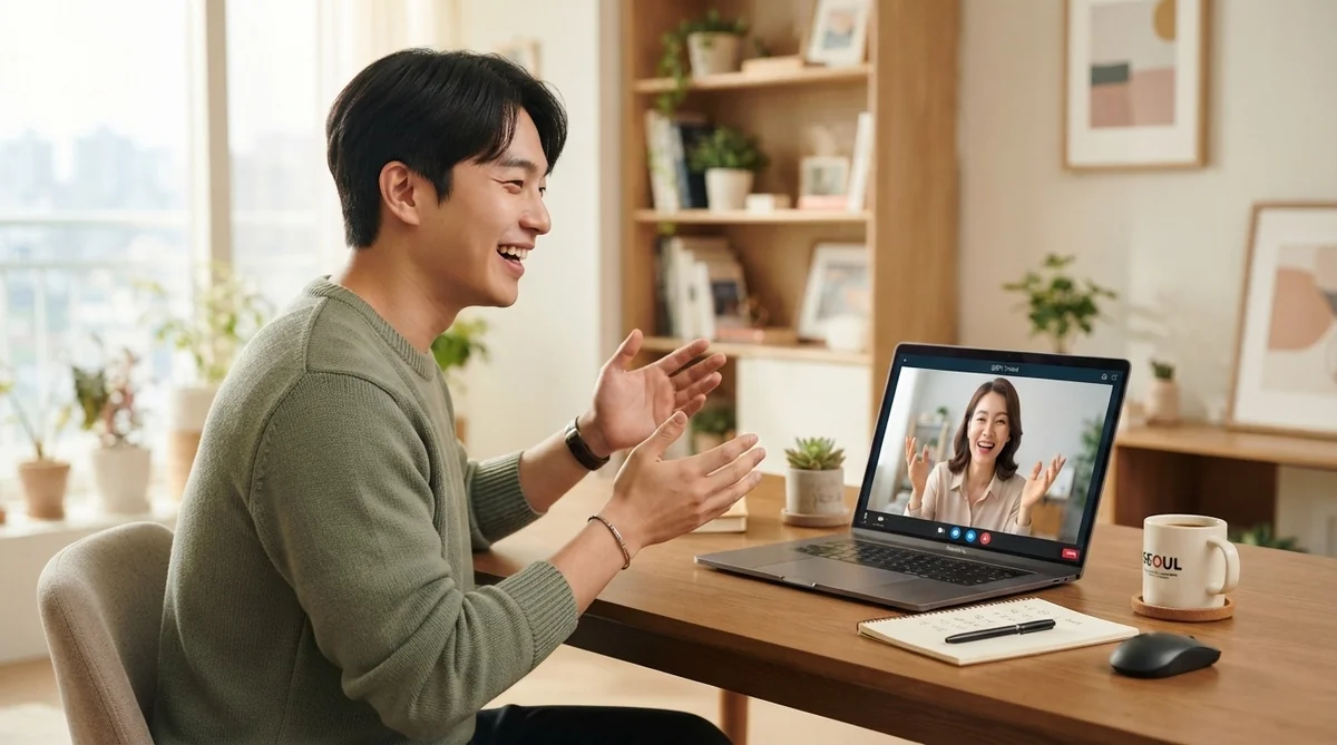 講師とオンラインレッスンで会話練習をする様子