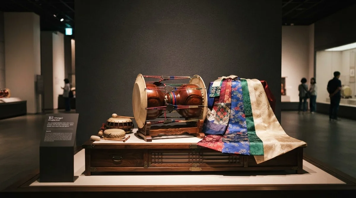 韓国の伝統楽器や鮮やかな布がスポットライトで照らされた博物館展示