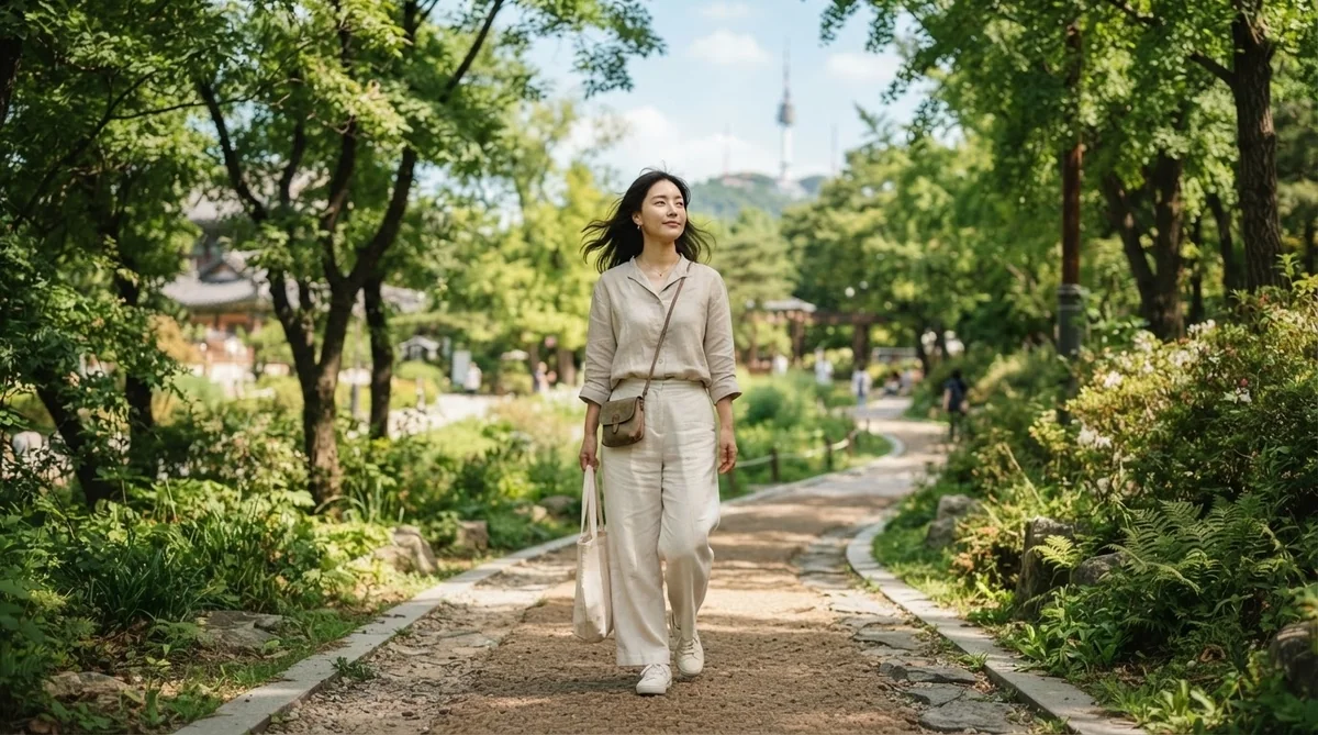 自然の中で爽やかに散歩しリフレッシュする女性
