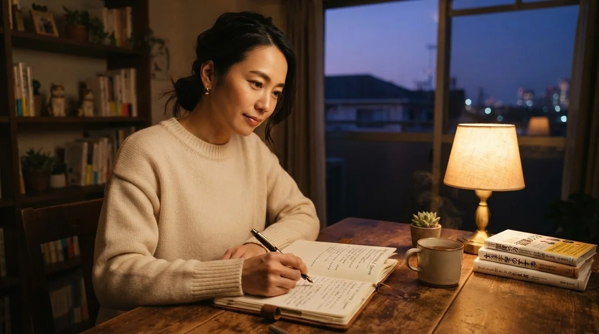 夜の室内でデスクに向かい日記を書く学習者の手元