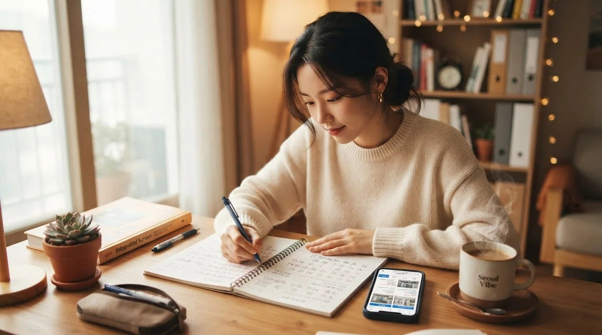 デスクの上でノートとスマホを使い韓国語の復習をする学習者の様子