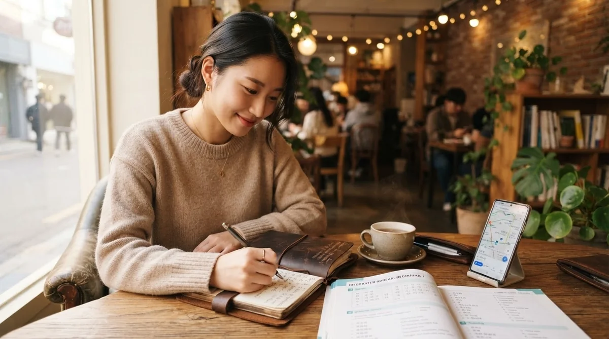 落ち着いた学習環境で韓国語のテキストとノートを並べて復習する様子