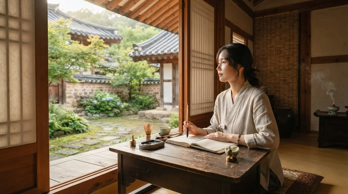 伝統的な韓屋の客室で温かいお茶とともに学習の復習をする学習者