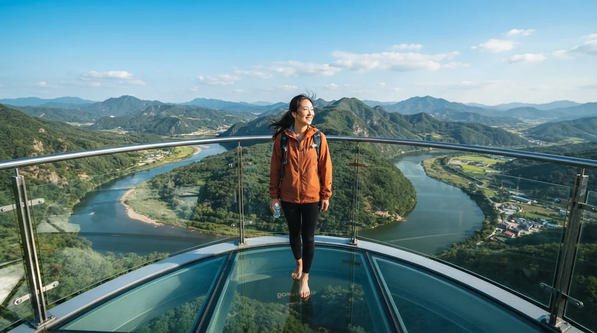 MANCHEONHAスカイウォークの絶景を見渡し達成感を得る旅行者