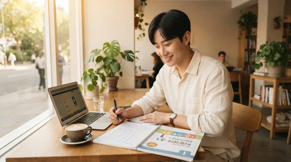 カフェの窓際でノートを開き前向きに韓国語を勉強する様子