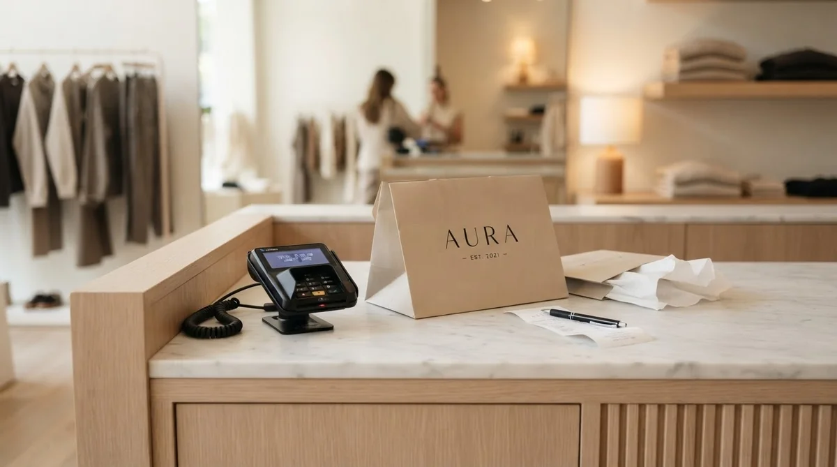 アパレルショップのレジカウンターでの支払い風景