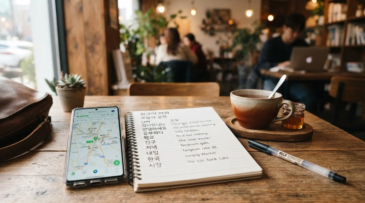 ノートやスマートフォンを囲んで語学学習を楽しむカフェのデスク風景