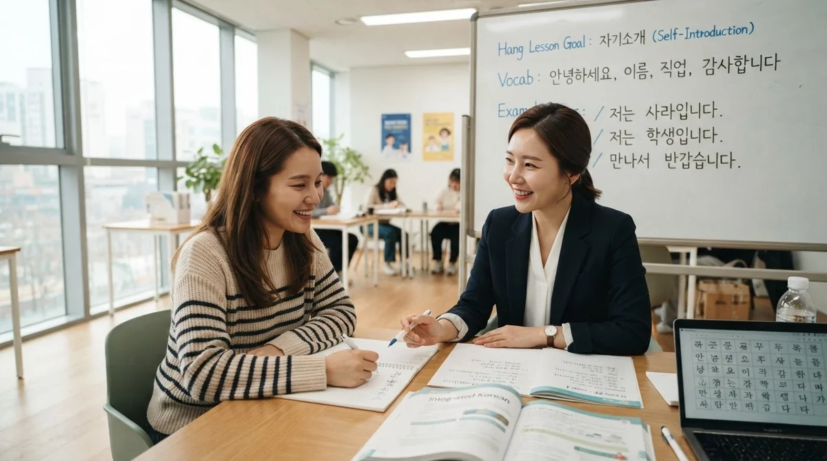 講師との対話で学びを深める韓国語教室の風景