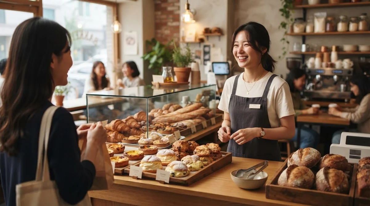 韓国のカフェカウンターで笑顔で働く日本人アルバイトスタッフ
