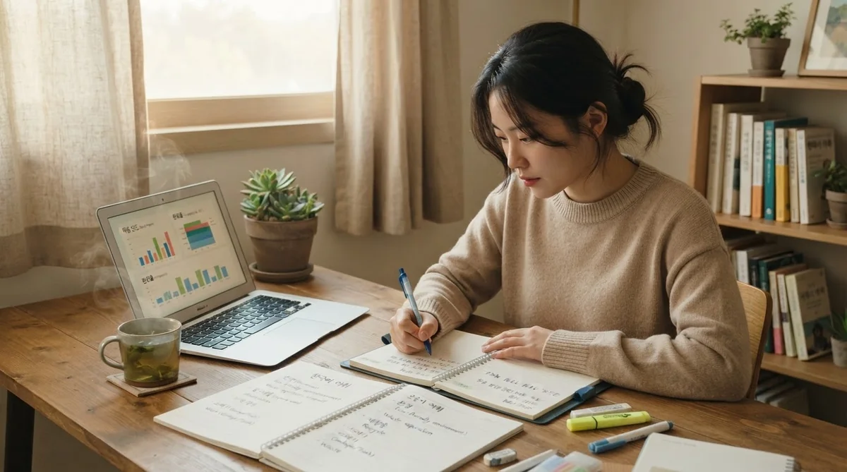 韓国語のノート整理とオンライン学習を進める様子