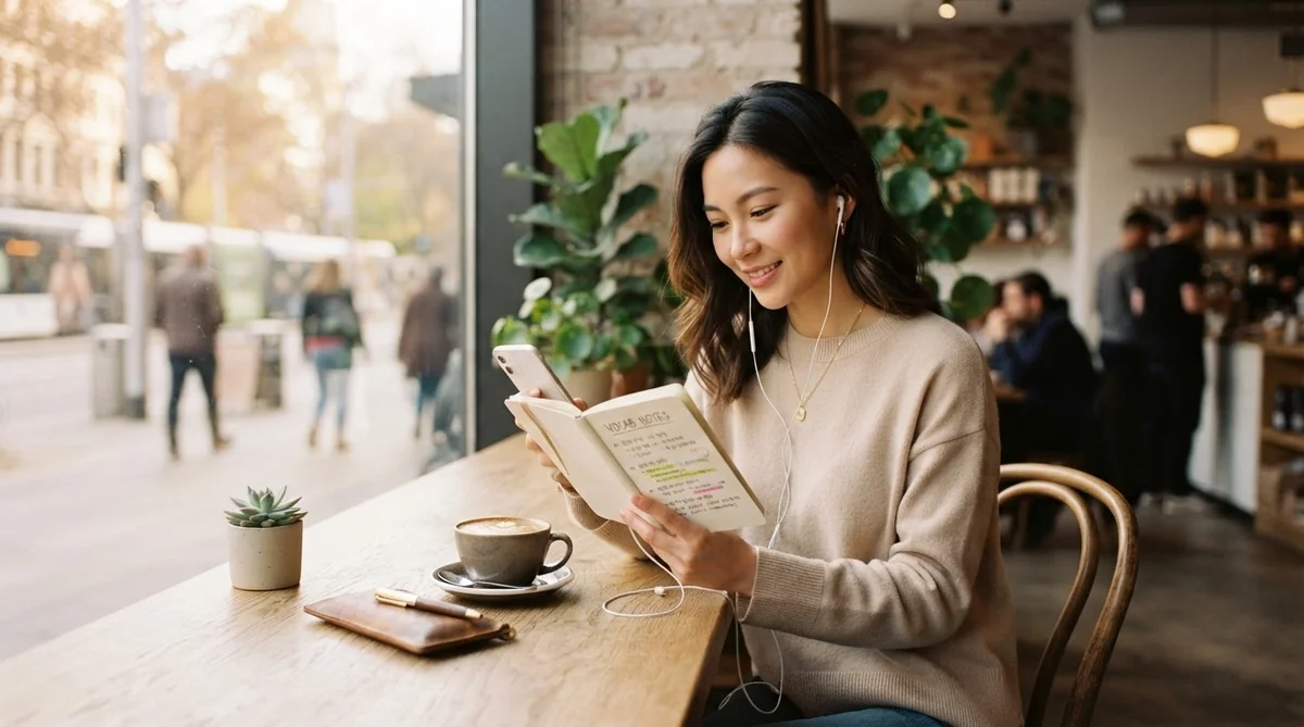 カフェの窓際で移動中やスキマ時間にスマートフォンと単語帳で復習する様子