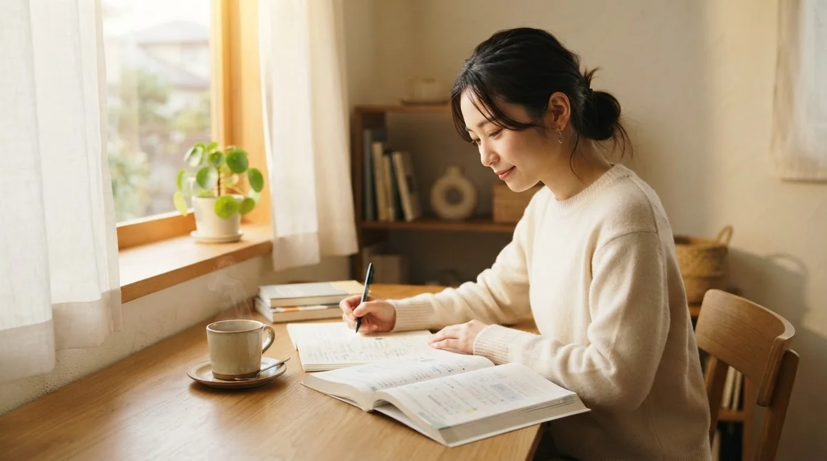 テキストやノートを前にリラックスして韓国語を勉強する時間