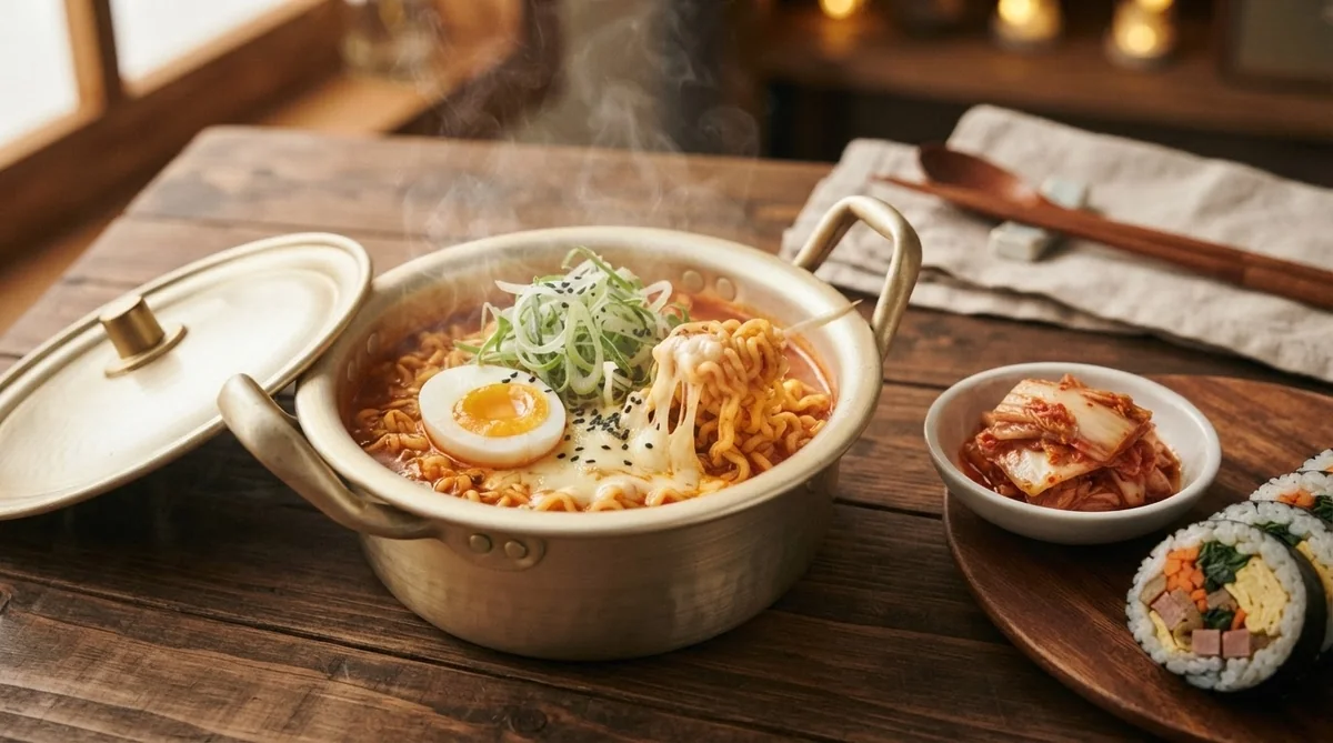 小鍋で調理された熱々の韓国チーズラーメンとキムチ、キンパのセット