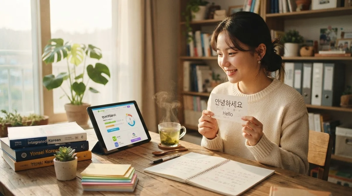 自宅の机で単語カードやタブレットを使って楽しく復習している様子