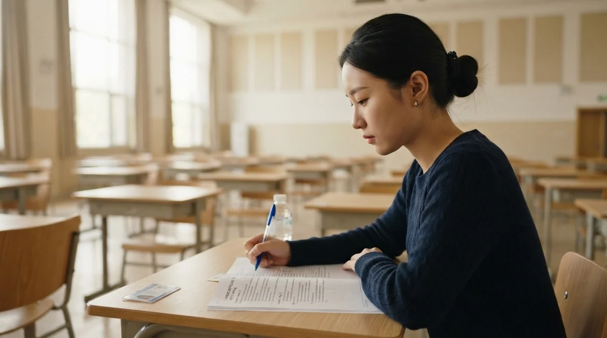 試験会場で自信をもって解答用紙に向き合う学習者の様子