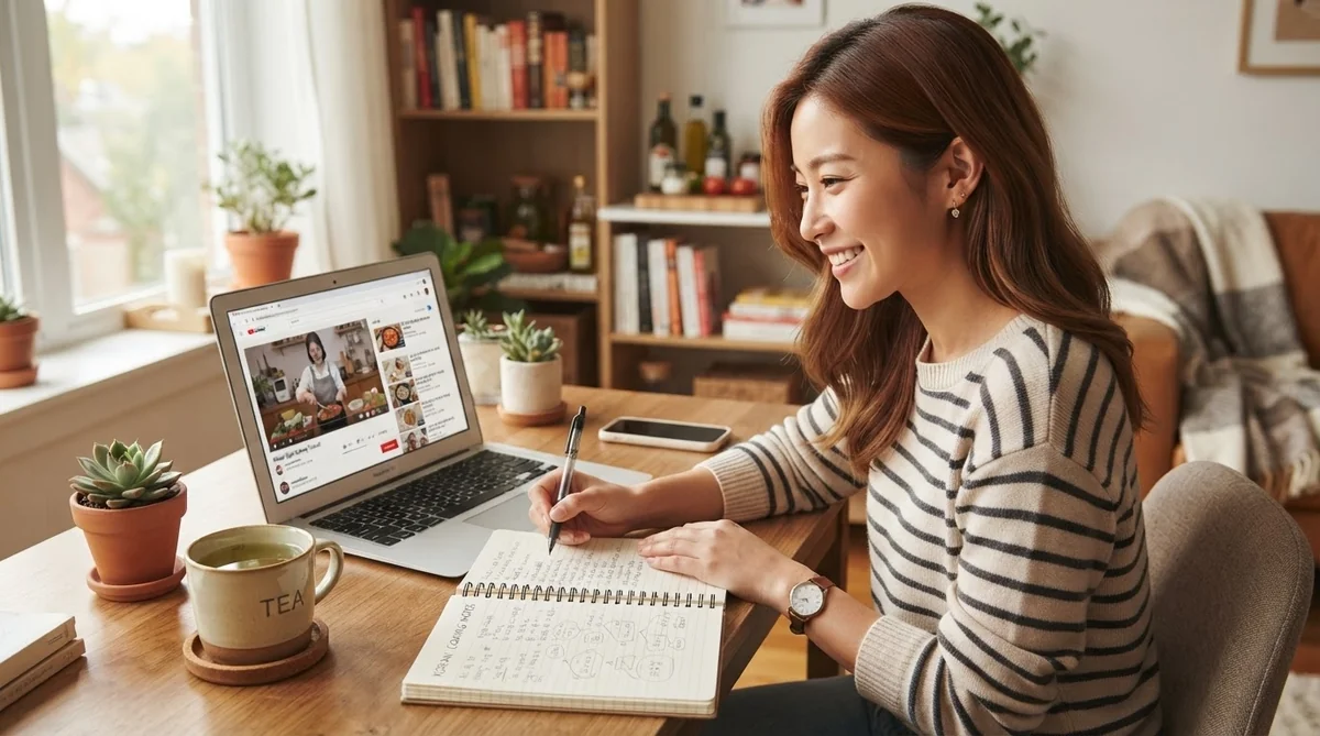 デスクで動画を見ながらメモを取り韓国語を勉強する様子