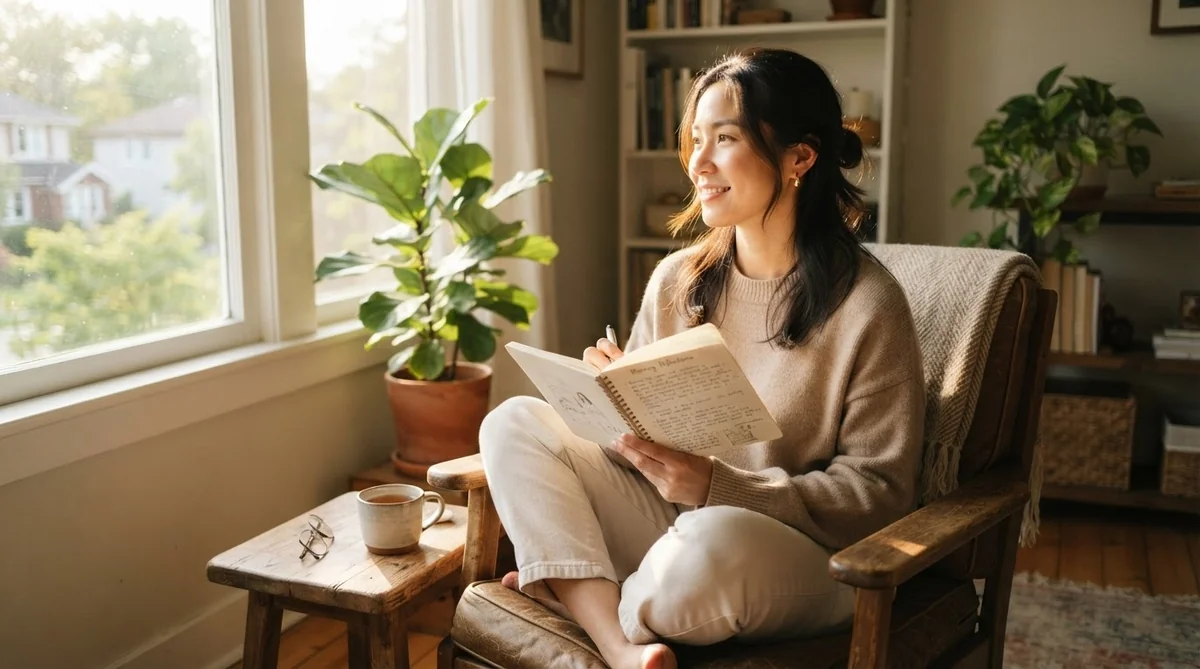朝の窓辺で穏やかに読書と振り返りをする学習者の姿