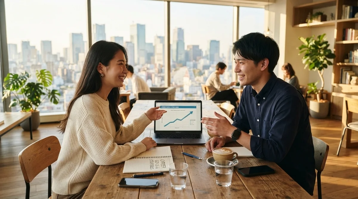 日韓の若者がコワーキングスペースでキャリアについて話し合う様子