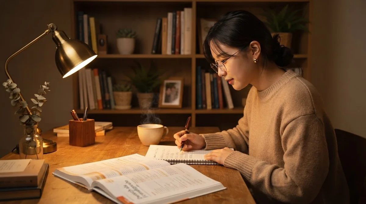 デスクでノートとカフェカップを置き、集中して快適に語学を勉強する姿