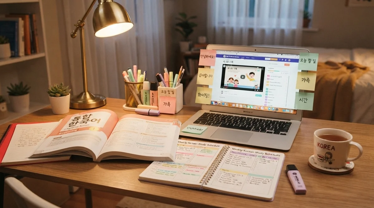 計画ノートと韓国語教材が整然と置かれた勉強机の様子