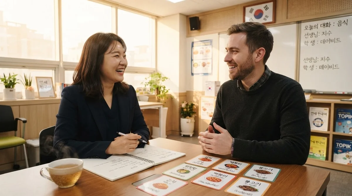 講師と一対一で韓国語の会話練習と発音チェックを行う学習風景